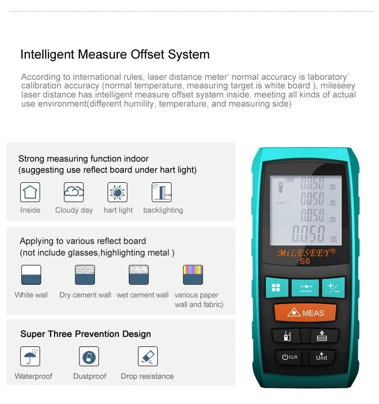 Mileseey S6 лазерный измерительный прибор 100 м, лазерный дальномер, лазерный диастиметр для измерения на расстоянии, средний лазерный синий