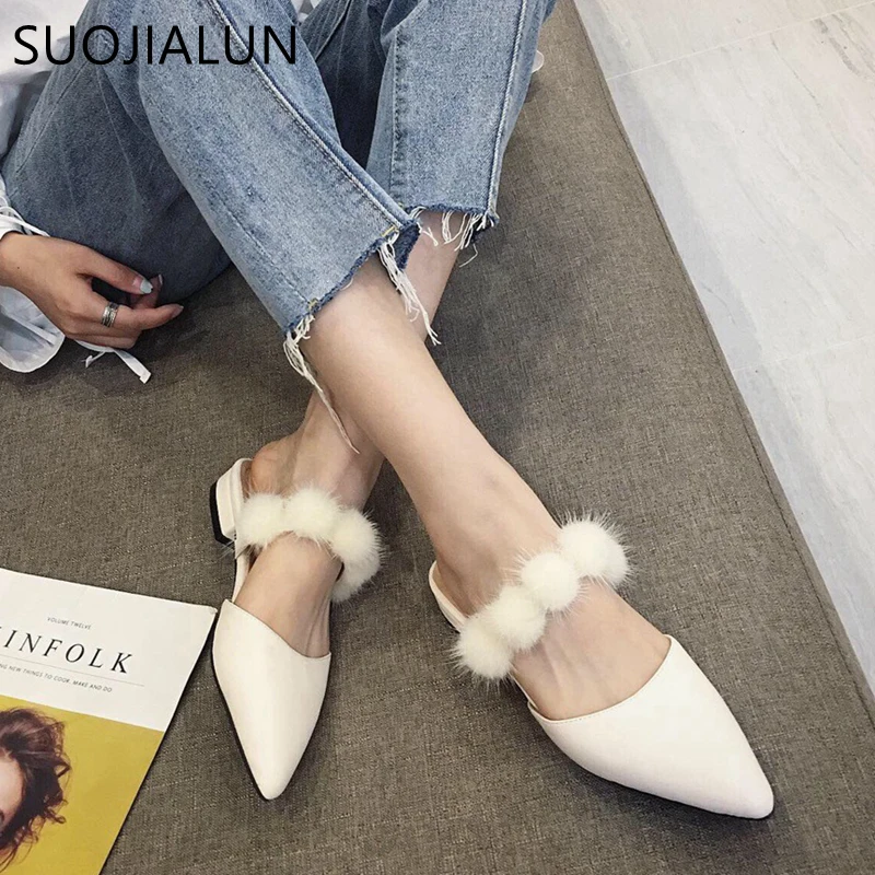 

SUOJIALUN 2019 Fashion Women Mules Shoes Summer Outdoor Woman Slippers Fur Comfort Slip On Sandal Point Toe Flat Heel Slides
