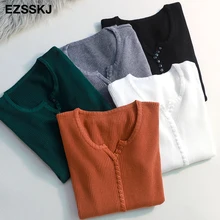 Casual otoño básico de primavera suéter pulóveres mujeres cuello pico sólido Knit Slim Pullover femenino de manga larga caliente suéter con botones