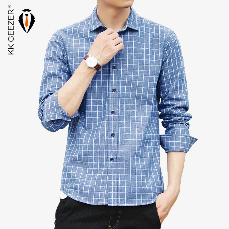 Mens Plaid Shirts Long Sleeve Slim Men Dress Shirt Formal Business