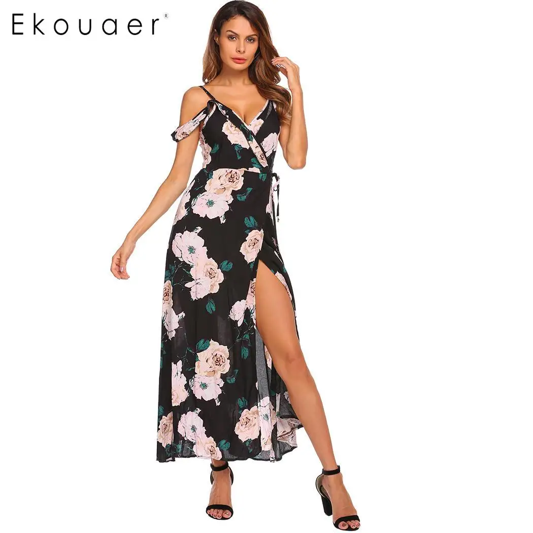 

Ekouaer Summer Women Dress Sexy Bohemian Floral Beach Dress Cold Shoulder Ruffles Split Wrap Party Dress Maxi Sundress