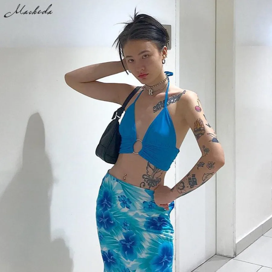 

Macheda Sexy Halter Lace Up Camis Women Hollow Out Backless Sleeveless Crop Top Ladies Streewear Cropped Summer Clothes 2019