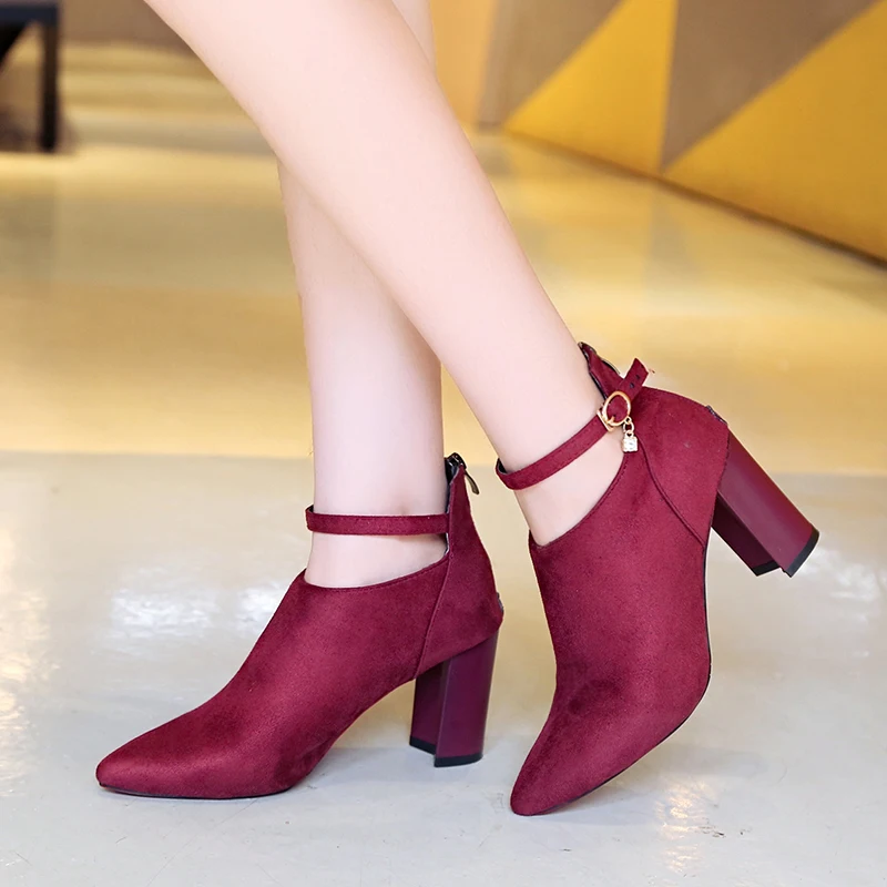 

Lucyever New 2019 Spring Autumn Fashion Woman Ankle Boots High Heels Women Flock Leather Booties Sexy Pointed Toe Martin Boots