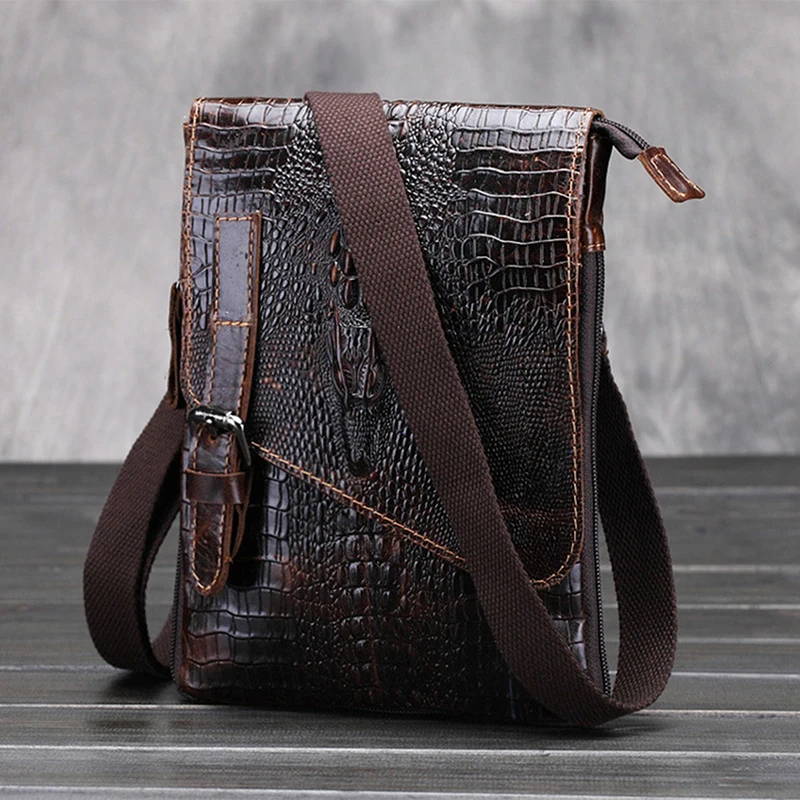 

100% Genuine Leather Men Single Shoulder Bag Fashion Natural Skin Crocodile Pattern Vintage Male Cross Body Messenger Bags