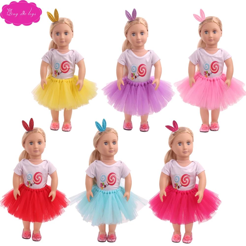 

18 inch Girl dolls clothes American candy set + tulle skirt 6 colors hairpin Dress accessories fit 43 cm baby doll c753-c758