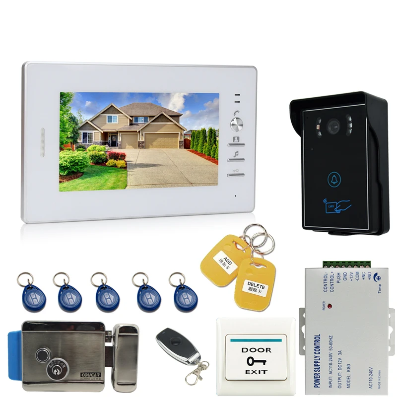 

JEX wired 7 inch LCD video door phone doorbell intercom system kit RFID waterproof Touch Key camera +Electronic control lock