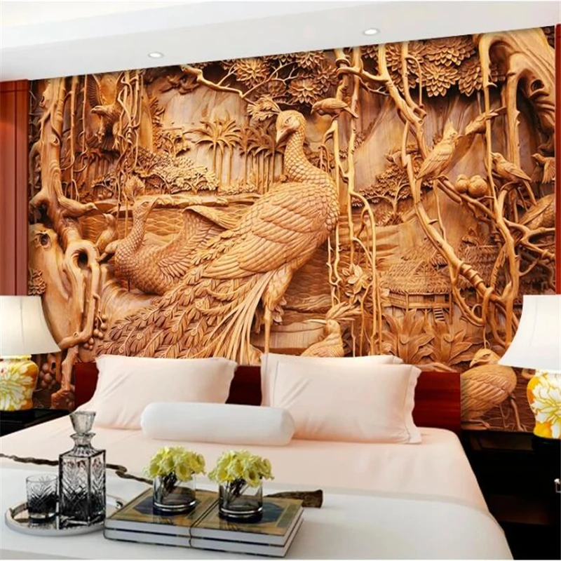 

beibehang Custom wallpaper 3d murals wood carving birds towards the phoenix murals wall decoration painting mural 3d wallpaper