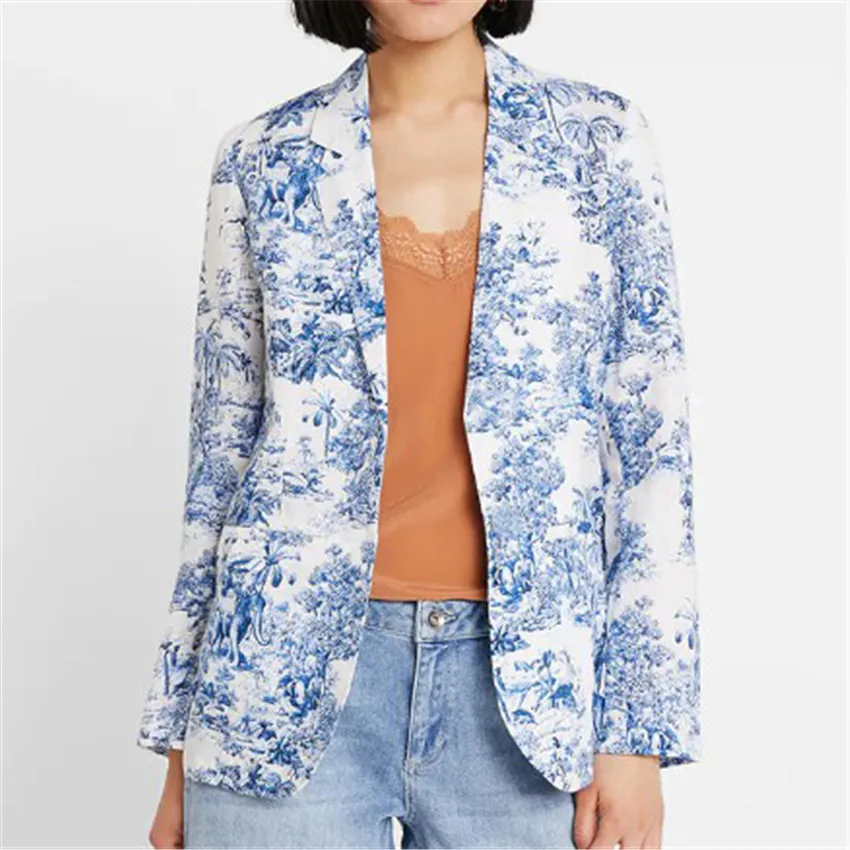 

Women style print blue blazer scenery pattern long sleeve pockets outerwear female casual 2019 autumn tops