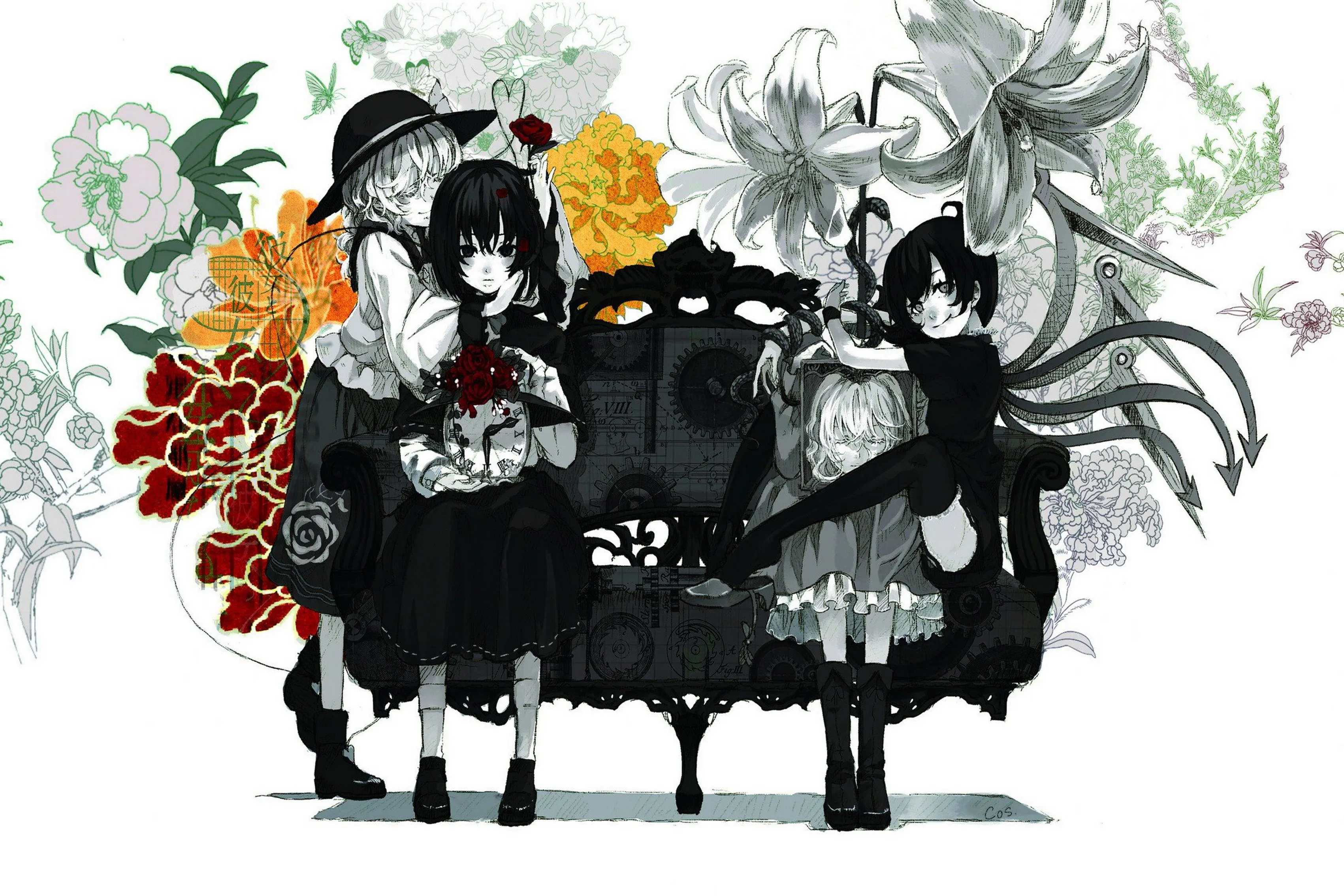 Touhou wings couch flowers skirts clocks thigh highs