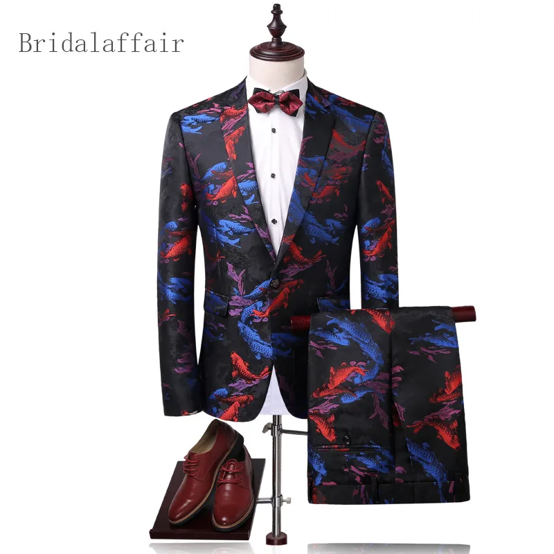 

Men Suit Latest Coat Pant Designs Men Wedding Suits 2018 Fish Print Mens Suits Blazer and Pants Prom Stage Wear Men Jacket Coat