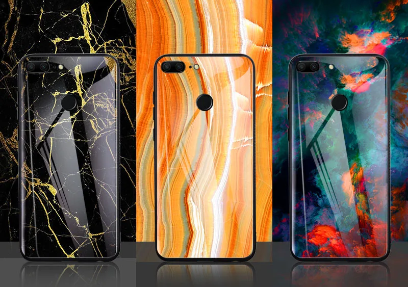 Hisomone Marble Phone Case On For Huawei Honor 9 Lite Texture Tempered Glass Back Case Cover For Huawei P Smart P20 Lite