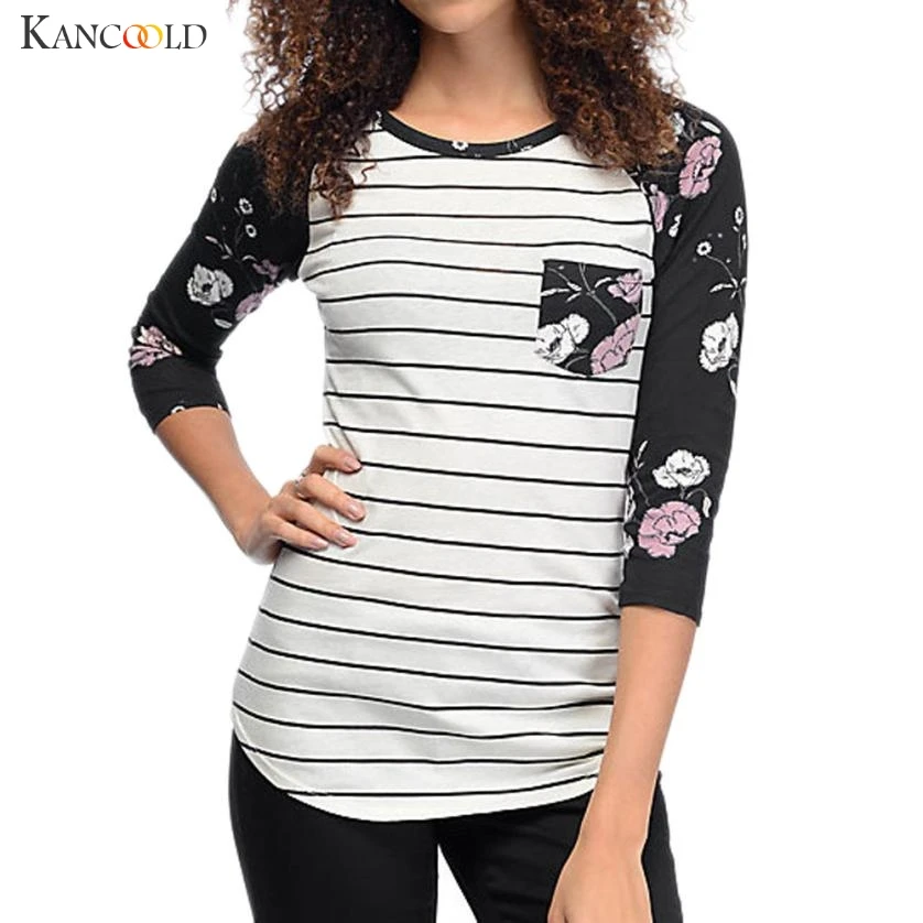 

High Quality T Shirt Women T-shirts Female Casual Stripe Floral Print Tops Three Quarter Sleeve T-shirt Women Auut04