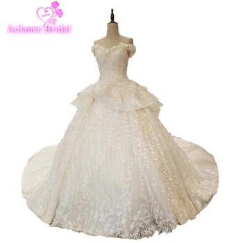 

Off The Shoulder Champagne Lace Up Princess Wedding Dress Gelinlik 2018 Lace Arabic Flowers Appliques Beading Bridal Gown