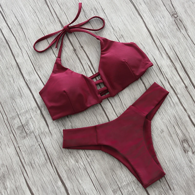 Billig NAKIAEOI 2019 Sexy High Neck Bikini Bademode Frauen Badeanzug Brazilian Bikini Set Grün Print Halter Top Strand tragen Badeanzüge