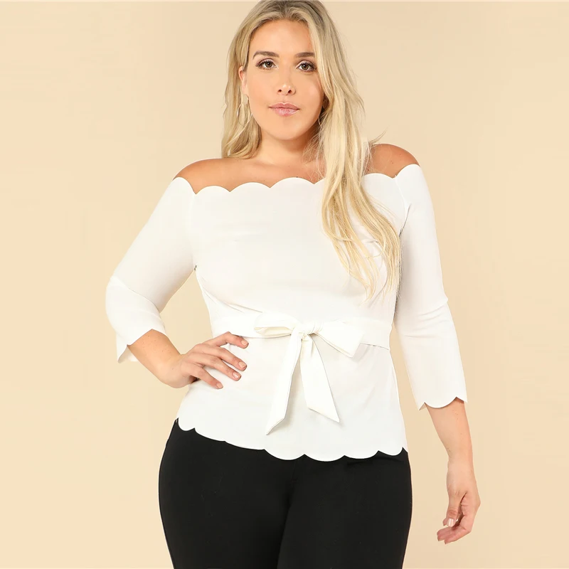 Sheinside Off the Shoulder Plus Size Beige Workwear Top Stretchy Petal Sleeve Belted Women Elegant Autumn Blouse