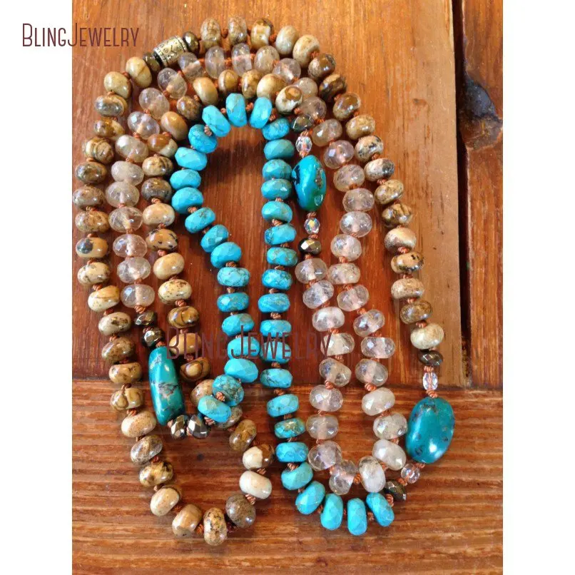 

Custom Necklace Long Layering Picture Jaspers Turquoises Quartz Bead Hand Knotted Necklace NM21495