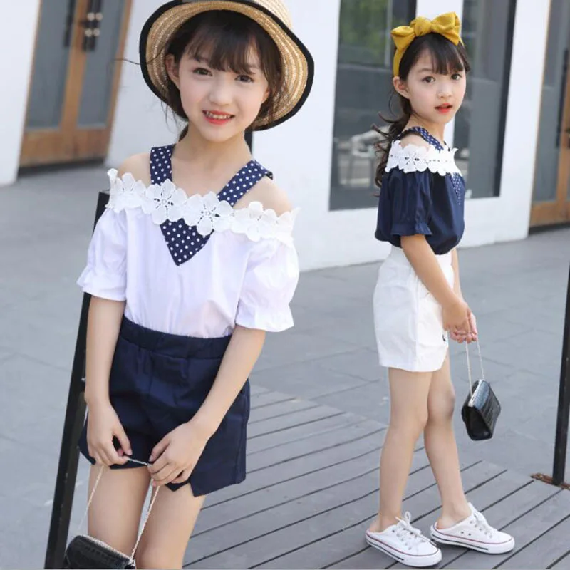 summer girls clothing sets children off-the-shoulder lace shorts pant two-piece girls clothing suit (2)