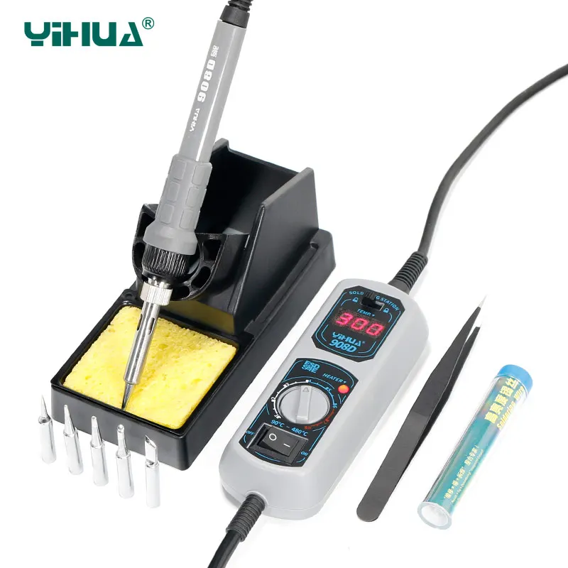 

Original 220V/110V YIHUA 908D Soldering Iron Temperature Adjustable Electric Welding Soldering Iron +5tips+stand+tweezers+tin