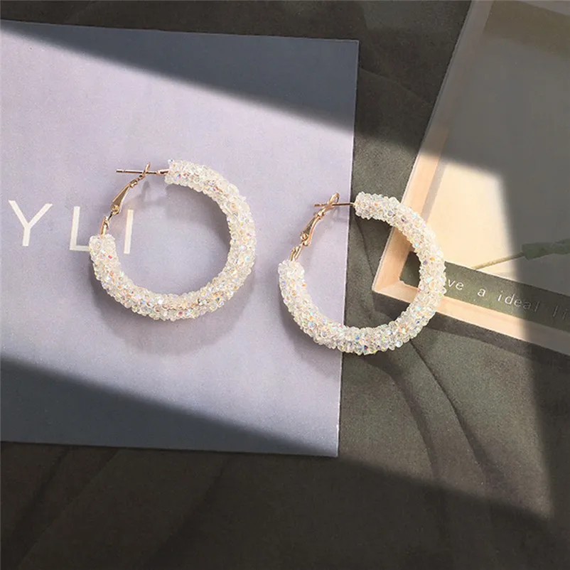 Fashion New earrings for Women Personality Shiny Crystal Hoop Earring All-match Geometric Big Round Earrings Jewelry J12#N (9)