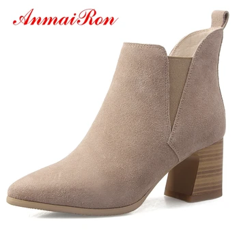 

AnmaiRon Basic Pointed Toe Women Boots Winter Square Heel High Heel Winter Boots Ankle Boots for Women Size34-39 LY169
