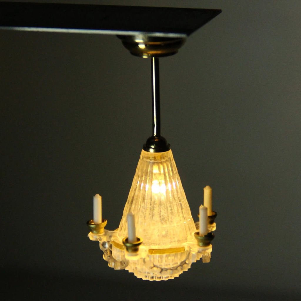 Modern Design Dollhouse Mini Transparent Chandelier LED Lamp with Battery, Doll House Decor Accessories