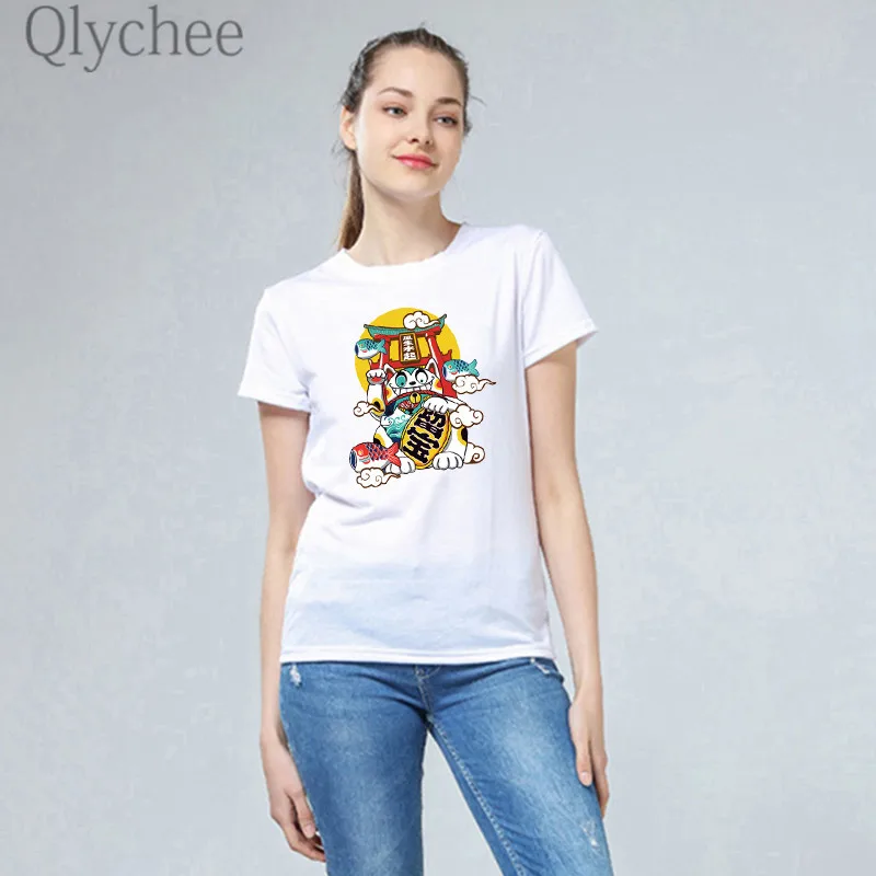 

Qlychee Japan Style Lucky Transfer Female T Shirts Top Tees Crew Neck Short Sleeve Summer Spring Slim Women T-shirts T Shirt