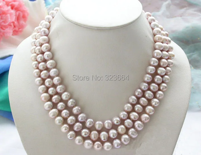 

3row 10mm lavender round freshwater pearl necklace mabe