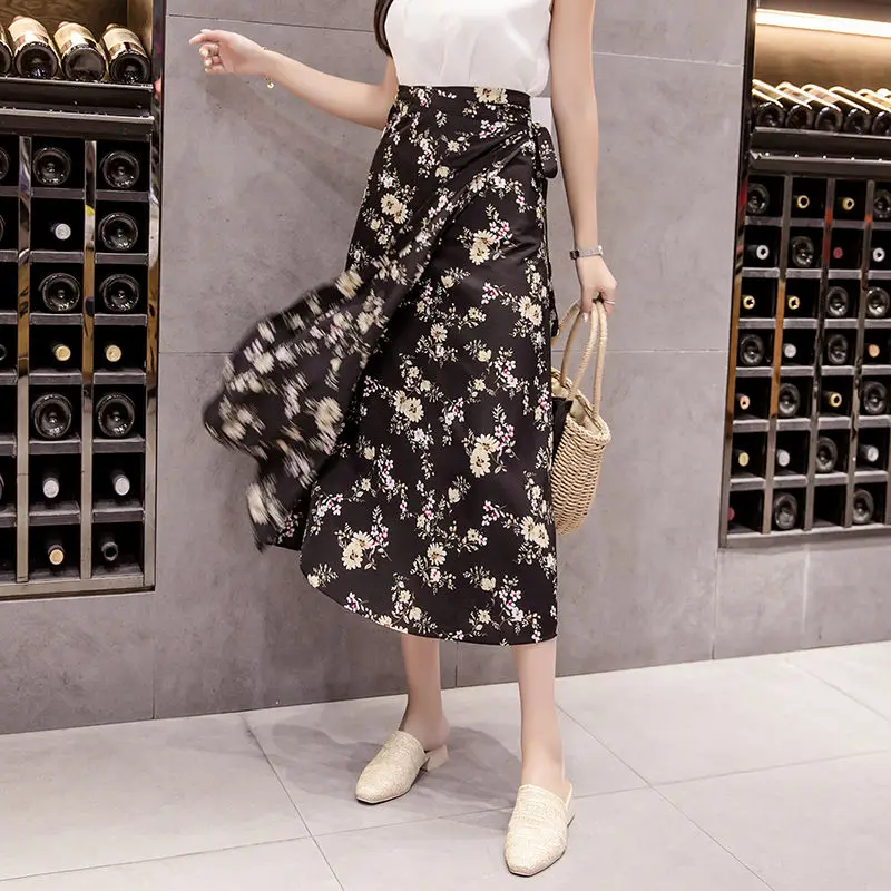 Summer Print Flower Chiffon Women Skirt Kawaii Korean Casual Empire Skirts Harajuku Mid-Calf Bow Cute High Waist Vintage Skirts