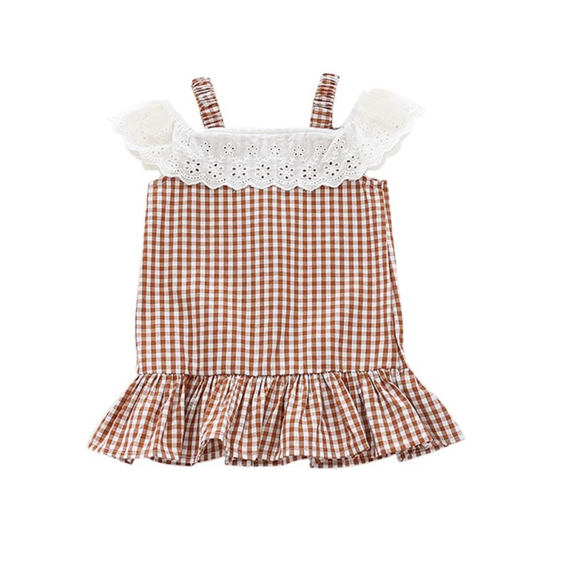

Summer Casual Lovely Baby Girls Flare Sleeve Off-shoulder Plaid Print Lace Dress Kids Toddler Pageant Sundress Drop Shipping