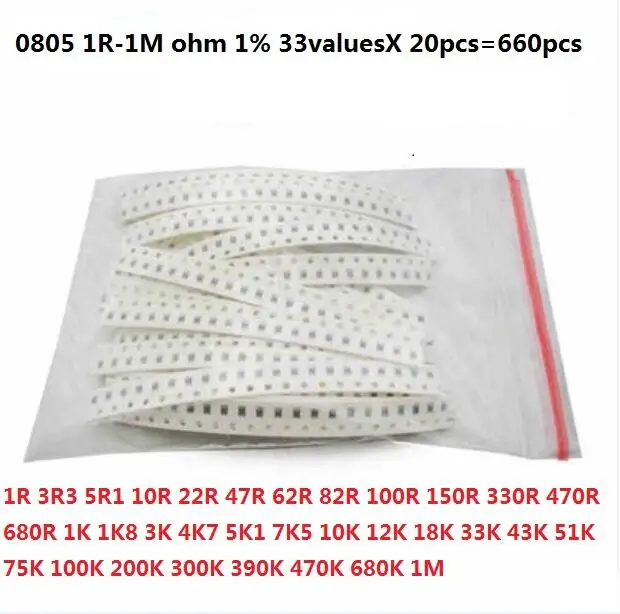 0805 0603 1206 SMD Resistor Kit Assorted Kit 1ohm-1M Ohm 1% 33valuesX 20pcs=660pcs Sample