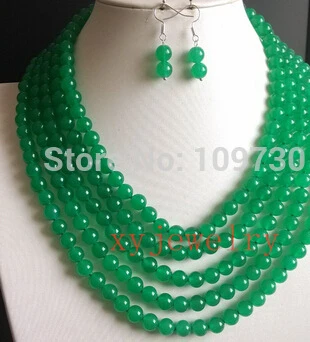

hot sell >charming ready made 5 row 8mm green Malay jade necklace + Extended chain clasp