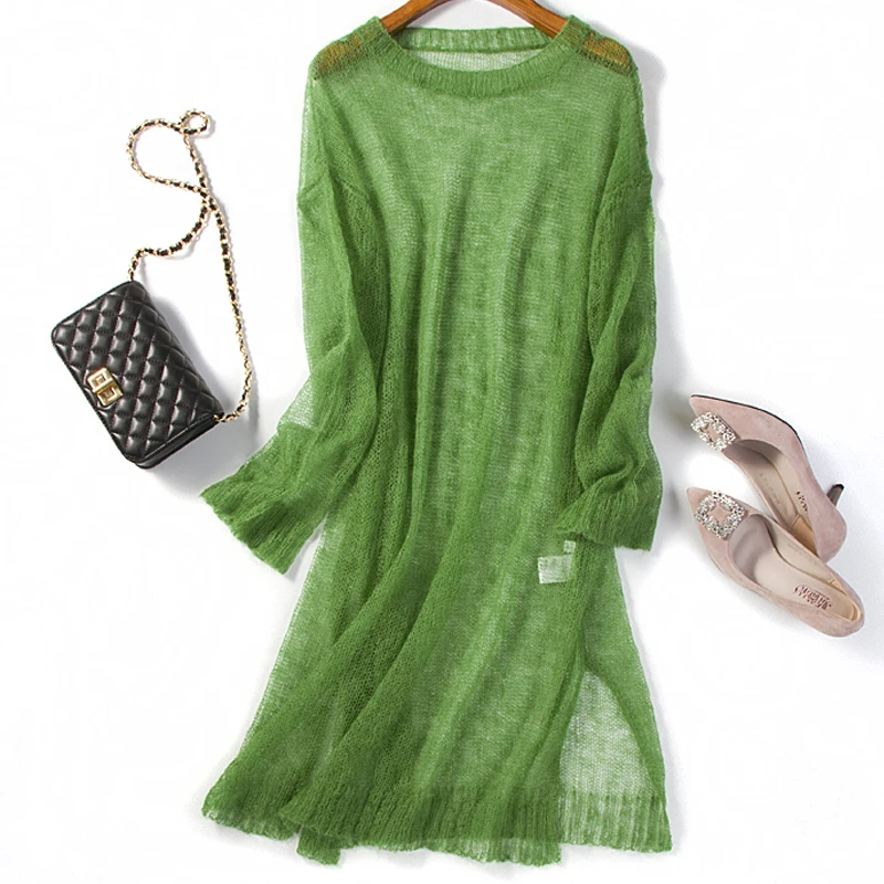 

2019 New Women Mohair Pull Sweater Dress Soft Thin long dress Spring Hollow dress