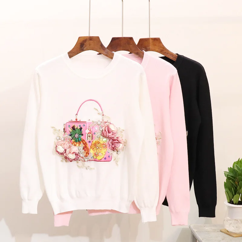 Black Women Knit Sweater 2018 Autumn Beaded Stereo Flower Fashion Bag Print Harajuku Long Sleeve Pullover Knit Sweater Female Sweaters