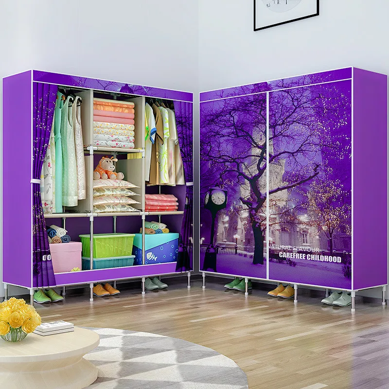 Double Pole Clothing Closet Dress Rack Bedroom Storage Organizer Cabinet Portable Folding Cloth Wardrobe for Home Furniture