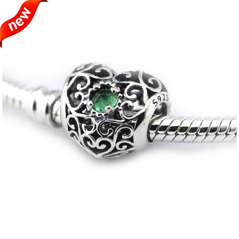 

Fits For Pandora Bracelets May Signature Heart Charms with Royal Green Crystal 100% 925 Sterling Silver Bead Free Shipping