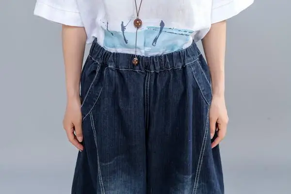 BUYKUD 2018 Summer Casual Women Light Blue Denim Jeans Lantern Pants Elastic Waist Harem Loose Ankle-Length Pants With Pockets (6)