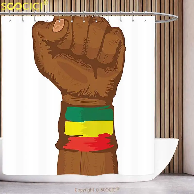 

Decorative Shower Curtain Rasta Ethiopian Rebellion Symbol Wrist with Flag Colors Art Print Brown Green Yellow Red and Green