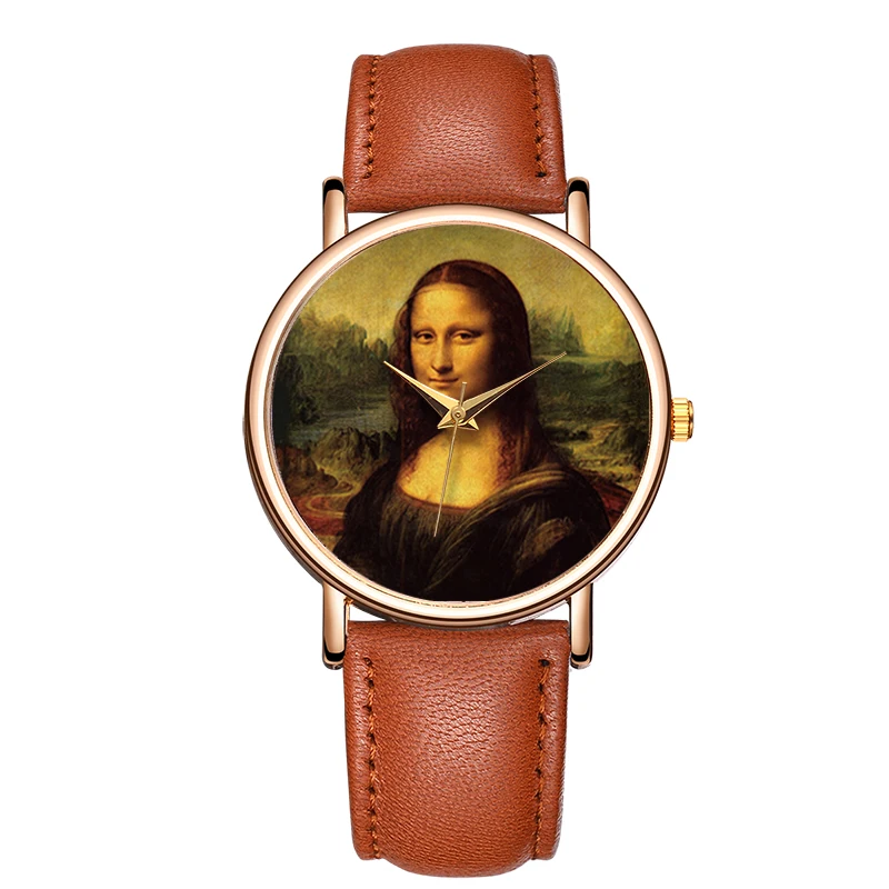 

B-9092 Trend Design Mona Lisa Dial Wrist Watches Men Quartz Leather Mens Sports Watch Stainless Steel Back