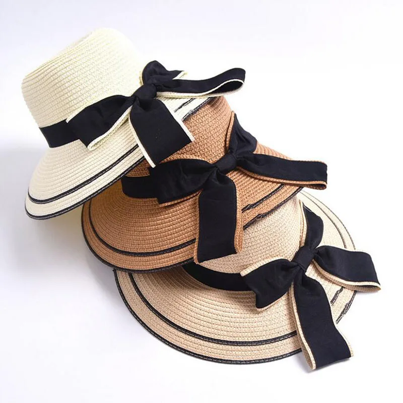 

2018 Big Black Bowknot Foldable Classic Women Straw Sun Hat Spring Summer Broad-brimmed Elegant Lady Beach Holiday Caps Hot Sale