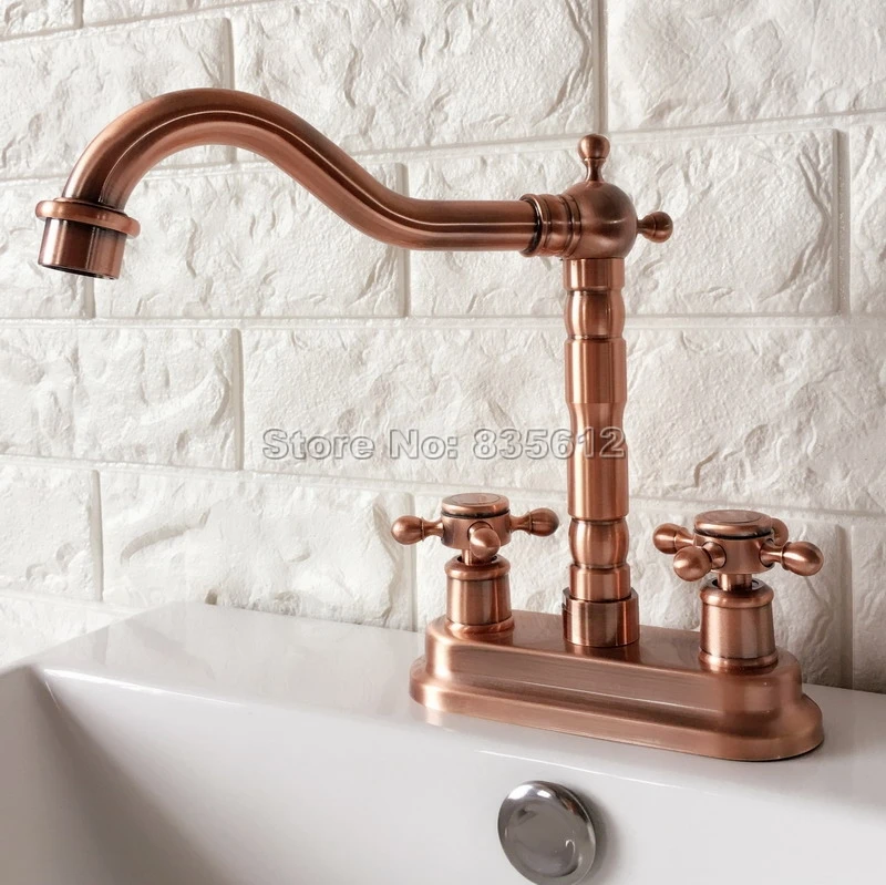 

Deck Mounted 4" Centerset 2-hole Antique Red Copper Bathroom Faucet Wash Basin Mixer Sink Taps Swivel Spout Faucets Wrg044