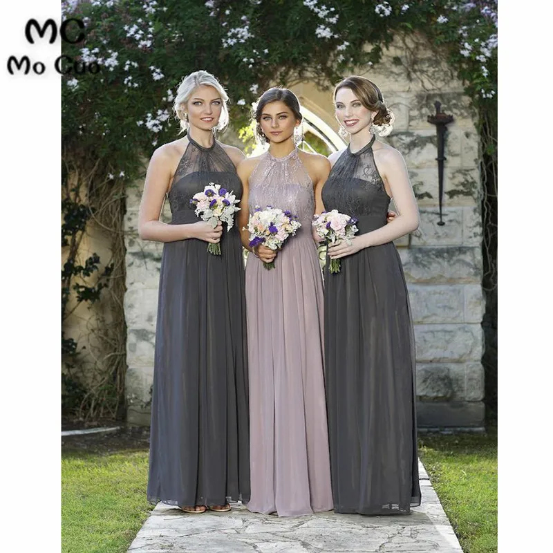 Mocuo 2019 Elegant Halter Lace Bridesmaid Dresses Zipper Back Chiffon Wedding Party Dress Grey Bridesmaid Dress