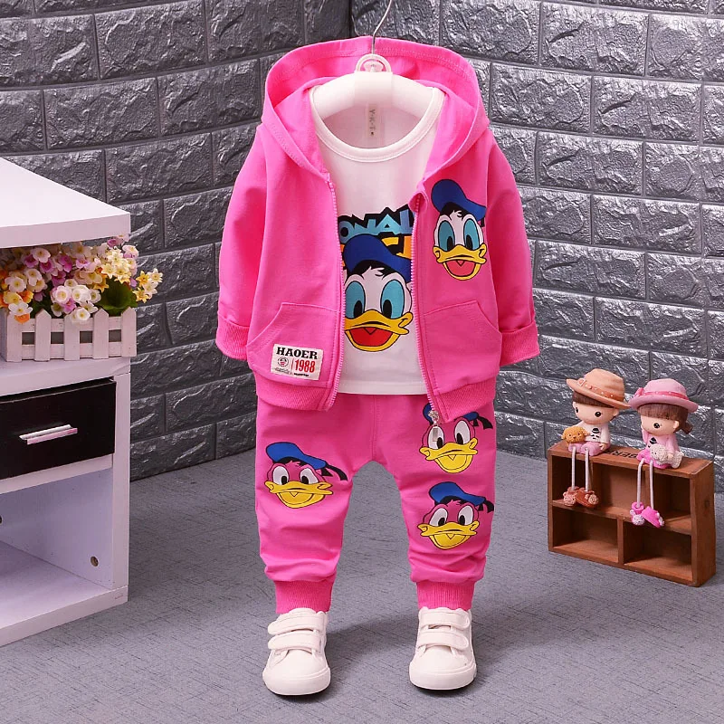Детские комплекты модный детский костюм в популярном стиле на весну-осень хлопковые комплекты для малышей с изображением утки подарок на день рождения для девочек 1-4 лет, три комплекта