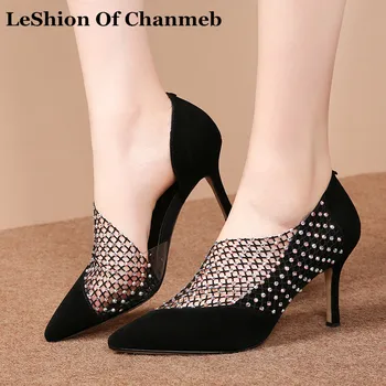 

Women Spark Crystal Pumps Black Sheep Suede D'orsay High Heels Mesh Shoes Woman Point Toe Wedding Evening Party Bridal Pumps New