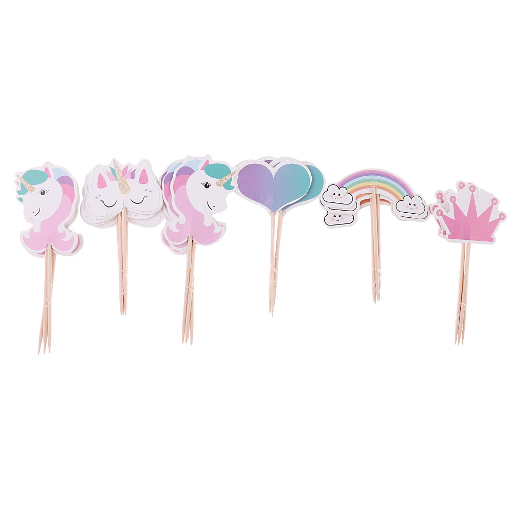 24x Unicorn Cake Picks Rainbow Cupcake Toppers Crown Heart Shape Cake Décor