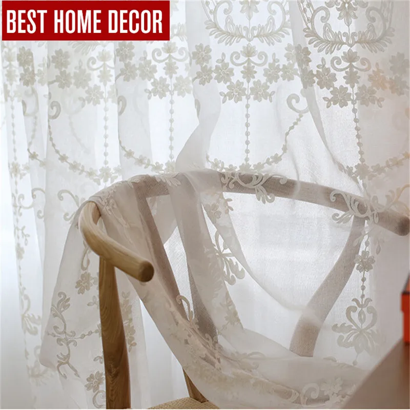 

BHD tailor-made line embroidered sheer tulle curtain for living room bedroom white voile curtains fabric drapes for window