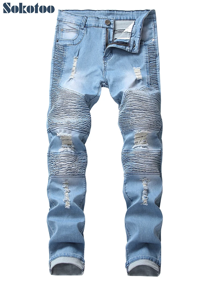 Sokotoo Men's light blue ripped biker jeans for motorcycle Slim fit ...