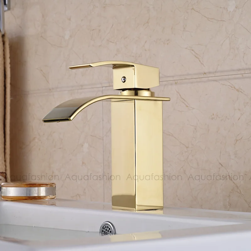Золотой кран для ванной комнаты Водопад с одной ручкой золотистый водопроводный кран ванная раковина torneira горячая холодная золото/хром кран - Цвет: Golden - short