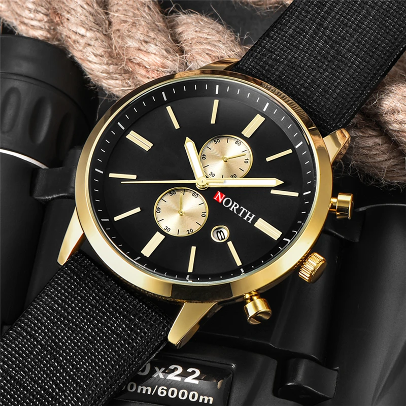 Мужские кварцевые часы NORTH Кварцевые Золотые с кожаным ремешком аналоговые