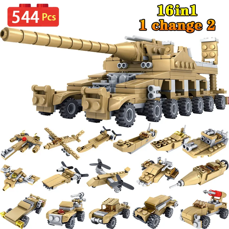 544PCS Army Tank Building Blocks Bricks Compatible Legoing Military Vehicles Weapons Brinquedo Menina Toys For Children 16 in 1
