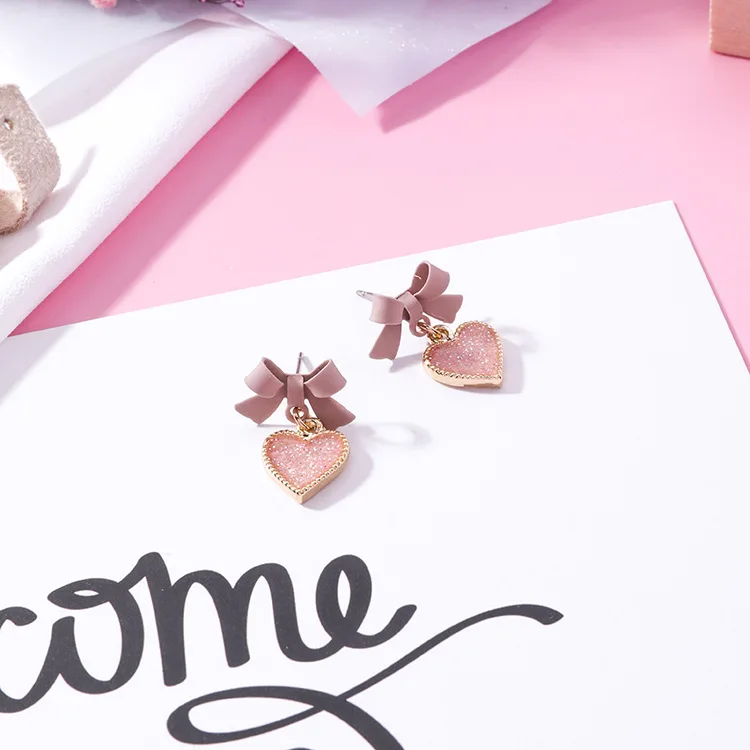 MENGJIQIAO 2018 Korean New Pink Bowknot Love Heart Drop Earrings For Women Fashion Accessories Sweet Boucle D'oreille